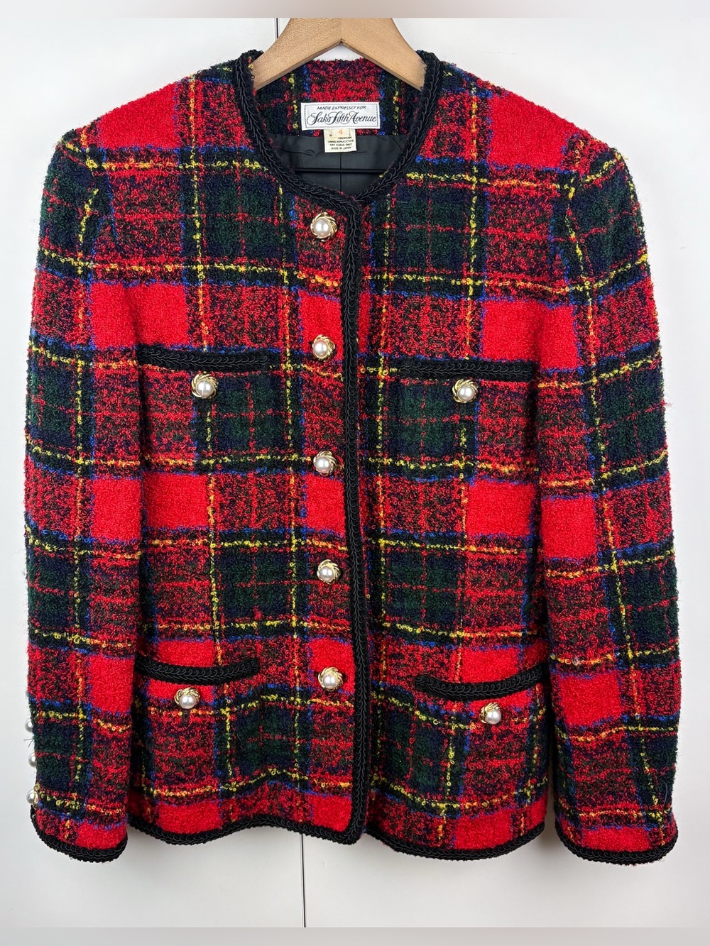 Vintage Wool Tweed Tartan Plaid Lady Jacket Blazer Pearl Buttons Holiday Saks